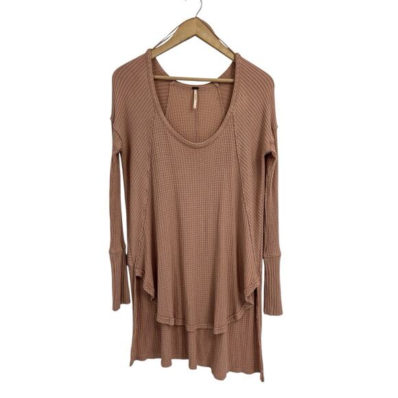 Free People Taupe Waffle Knit Oversized Tunic Length Long Sleeve Small - Picture 1 of 4